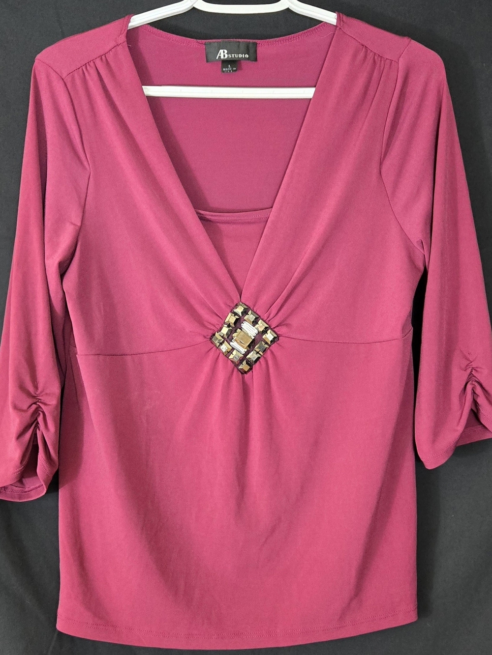 AB Studio Women's Fuchsia V-Neck L Embellished Knit Top #666